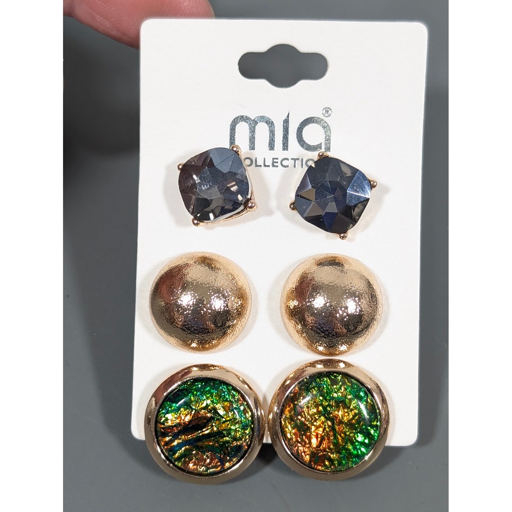 MIA Collection 3 Pair Gold Tone Stud‎ Earrings Set Foil Dome Gray Glass Textured